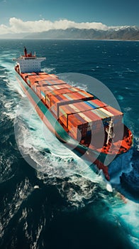 An expansive ocean showcases an aerial view of a cargo container ship