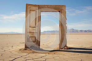 Expansive Open door at hot desert. Generate Ai