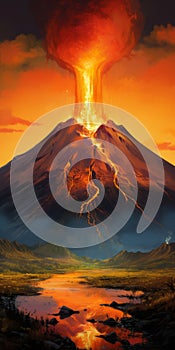 Expansive Realistic Fantasy Artwork: Orange Volcano With Surrounding Cloud