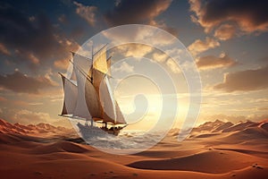 Expansive Sailboat desert sunset. Generate Ai