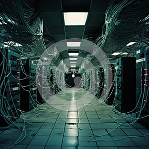 Expansive server room, showing a multitude of wires and power equipment