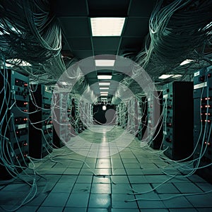 Expansive server room, showing a multitude of wires and power equipment