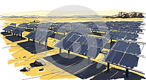 Expansive solar panel array in desert landscape under clear sky