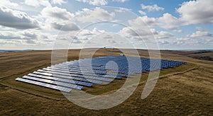 Expansive Solar Panel Array on Rolling Hills Under a Cloudy Sky