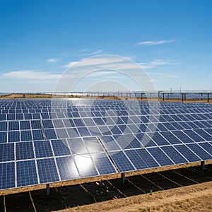 Vast solar farm under bright blue sky with wispy clouds reflecting sunlight on panels