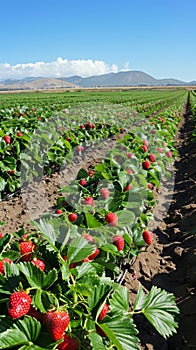 Expansive strawberry fields dot the countryside, their bright red berries contrasting beautifully against the deep green