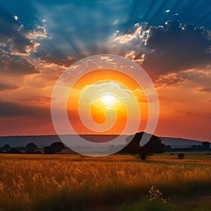 Expansive sun dominates the sky, showering a peaceful field with light.