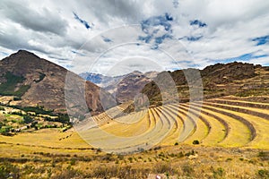 Expansive view of Inca terraces in Pisac, Sacred Valley, Peru
