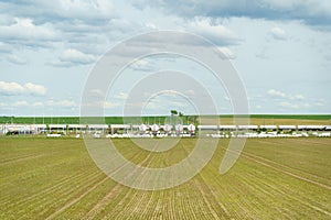 Expansive View of Propane Butane Containers and Wagons in a Rural Field During Daytime