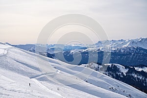 Expansive winter Mountain vista under a pale sky.