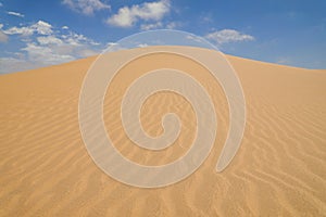 Yellow sand dunes with wavy textures against a blue sky in Swakopmund