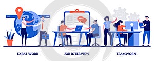 Expat work, job interview, teamwork concept with tiny people. Employment stages abstract vector illustration set. Recruitment