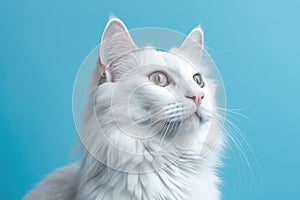 Expectant Feline: Long Haired Domestic White Fur Cat Portrait on Blue Background