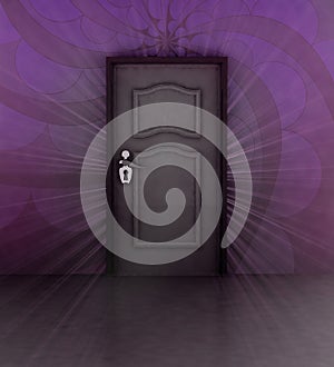 Expectation behind violet wall and closed door