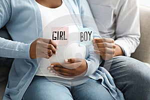 Expecting family holding color cards for baby boy or girl