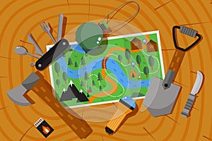 Expedition adventure map, hiking and camping outdoor in nature, vector illustration