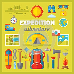 Expedition adventure - vector icons set in flat style design.
