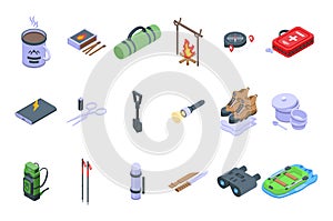 Expedition icons set isometric vector. Hiker adventure