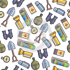 Expedition kit, map and shovel for traveling seamless pattern