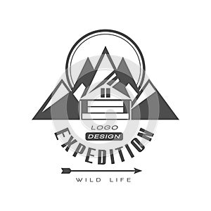 Expedition logo design, wild life sign, vintage black and white mountain exploration outdoor adventure symbol vector