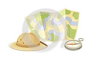 Expedition Map Depicting Geography and Route of Tourist Journey with Compass and Hat Vector Illustration