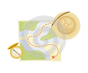 Expedition Map Depicting Geography and Route of Tourist Journey with Compass and Hat Vector Illustration