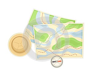 Expedition Map Depicting Geography and Route of Tourist Journey with Compass and Hat Vector Illustration