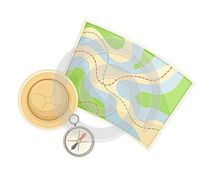 Expedition Map Depicting Geography and Route of Tourist Journey with Compass and Hat Vector Illustration