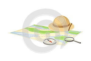 Expedition Map Depicting Geography and Route of Tourist Journey with Compass and Hat Vector Illustration