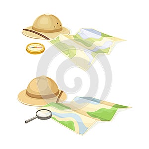 Expedition Map Depicting Geography and Route of Tourist Journey with Compass and Hat Vector Set