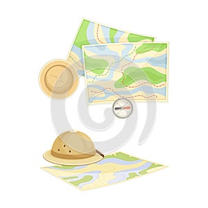 Expedition Map Depicting Geography and Route of Tourist Journey with Compass and Hat Vector Set