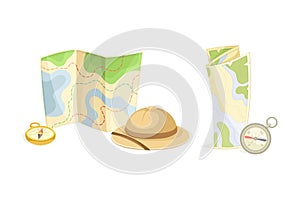 Expedition Map Depicting Geography and Route of Tourist Journey with Compass and Hat Vector Set
