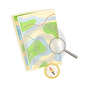 Expedition Map Depicting Geography and Route of Tourist Journey with Compass and Magnifying Glass Vector Illustration