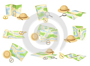 Expedition Map Depicting Geography and Route of Tourist Journey Vector Set
