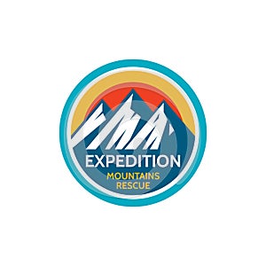 Expedition mountains rescue. Adventure outdoors - concept badge. Climbing logo in flat style. Extreme exploration sticker symbol.