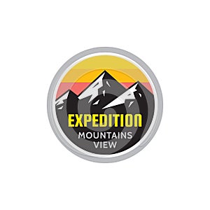 Expedition mountains view - concept badge. Climbing logo in flat style. Extreme exploration sticker symbol.  Camping & hiking