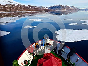 Expedition on ship and boat in Svalbard norway landscape ice nature of the glacier mountains of Spitsbergen Longyearbyen Svalbard