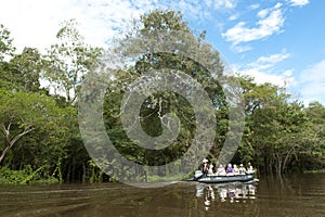 Expedition on Amazon. Cruisers on exploration tour along a tributary of the Amazon River to observe flora and fauna on the shore.