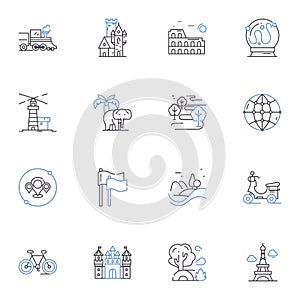 Expeditionary tour line icons collection. Adventure, Exploration, Trek, Journey, Safari, Remote, Wilderness vector and photo