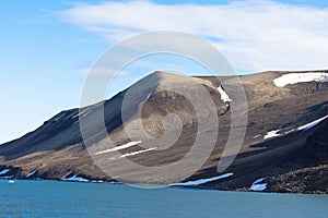 Expeditions cruise in the arctic ocean with view of die mountain landscape. Svalbard.