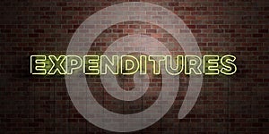 EXPENDITURES - fluorescent Neon tube Sign on brickwork - Front view - 3D rendered royalty free stock picture