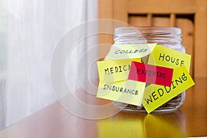 Expenses and orther tags on savings money jar