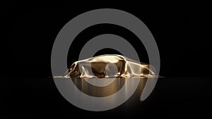 Expensive car gift covered by gold shiny fabric with bow-knot isolated on a black background. 3d render