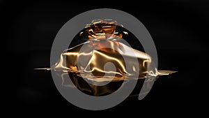 Expensive car gift covered by gold shiny fabric with bow-knot isolated on a black background. Luxury surprise item concept. 3D