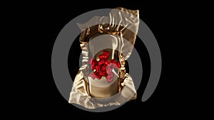 Expensive car gift covered by gold shiny fabric with red bow-knot isolated on a black background. 3D render