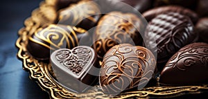 Expensive chocolates and pralines close-up. Banner with a variety of sweets