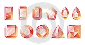 Expensive cut ruby red gems and diamonds. Set of vector isolated precious jewelry in different shapes