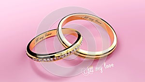 Expensive golden wedding rings with engraved words