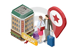 Expensive hotel entrance. Isometric online hotel booking concept. People booking hotel and search reservation for photo