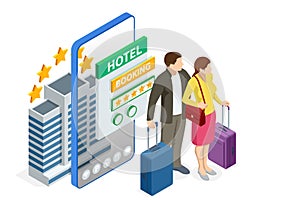 Expensive hotel entrance. Isometric online hotel booking concept. People booking hotel and search reservation for photo